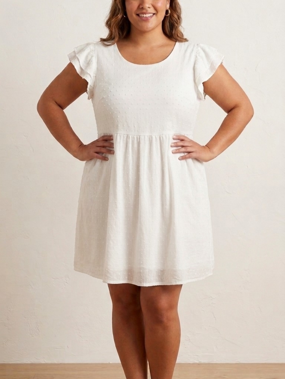 Women's White Swiss Dot Flutter-Sleeve Dress